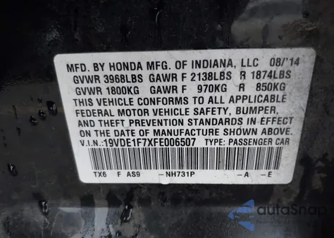 2015 Acura Ilx 2.0L z USA, uszkodzony, nr VIN 19VDE1F7XFE006507